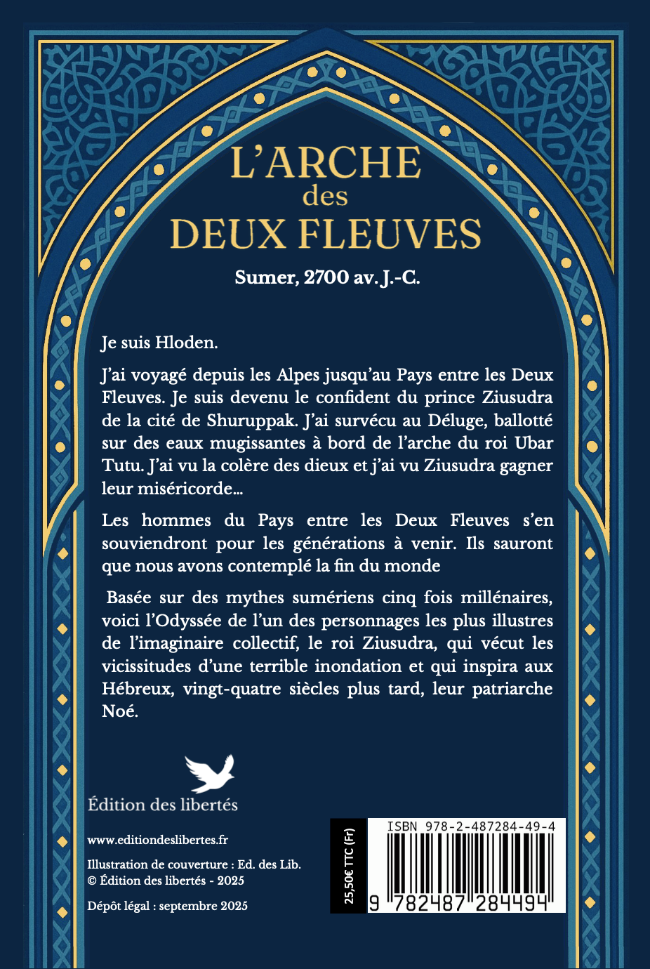 4e de couverture broché – L'arche des deux fleuves – Éric Tasset – Édition des libertés