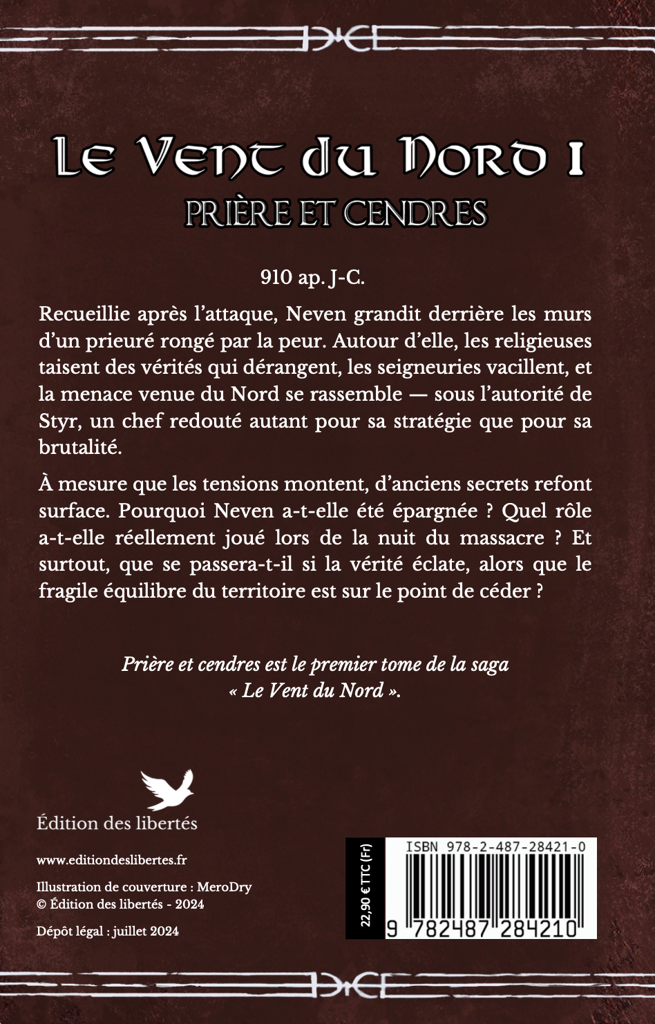 4e de couverture broché – Le vent du nord 1 Prière et cendres – Laurianna Ferra – Édition des libertés