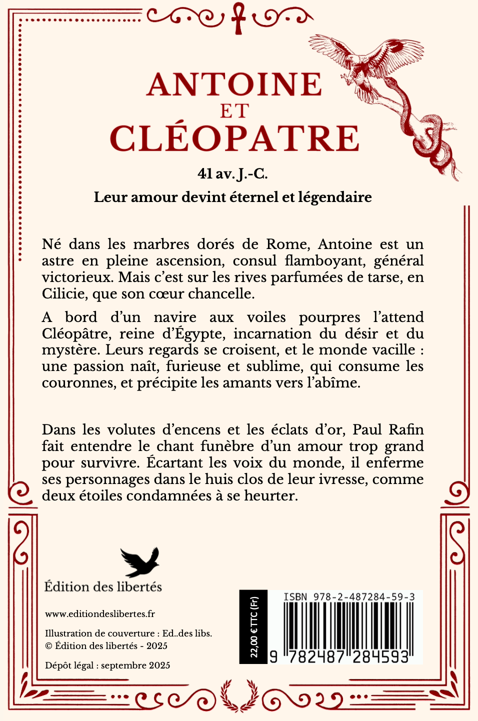 4e de couverture broché – Antoine et Cléopâtre – Paul Rafin – Édition des libertés 