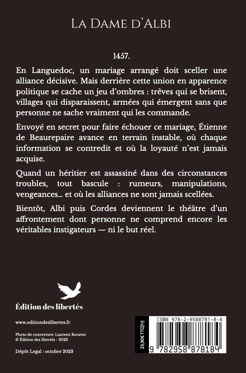 4e de couverture broché – La dame d'Albi – Thierry Bontoux – Édition des libertés