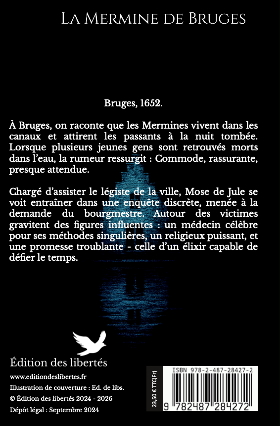 4e de couverture broché – La mermine de Bruges – Gérard Demarcq-Morin – Édition des libertés