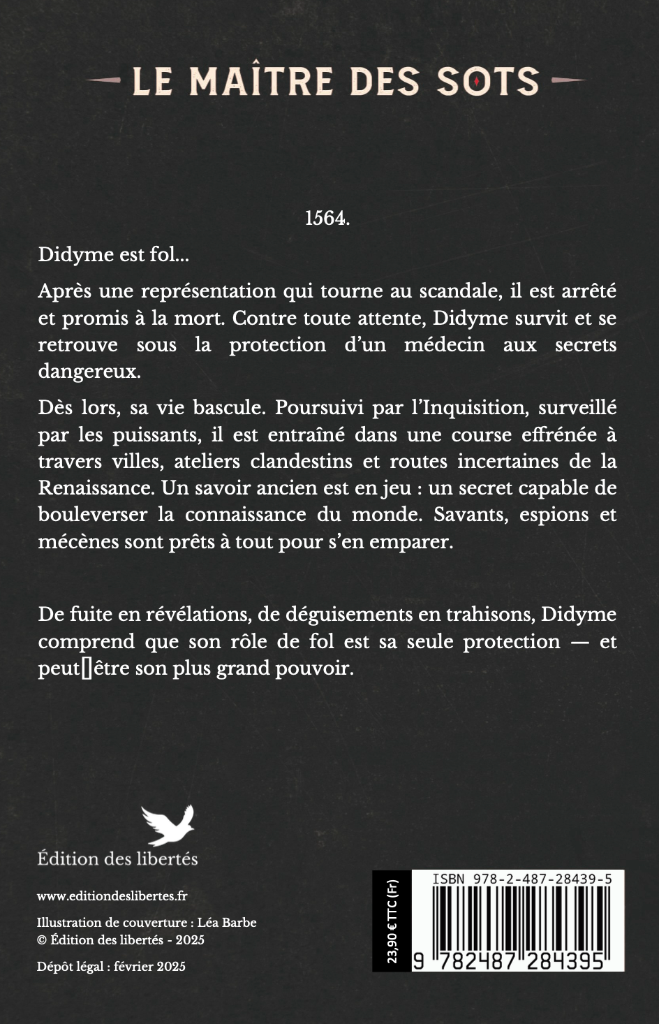 4e de couverture broché – Le maître des sots – Gérard Demarcq-Morin – Édition des libertés