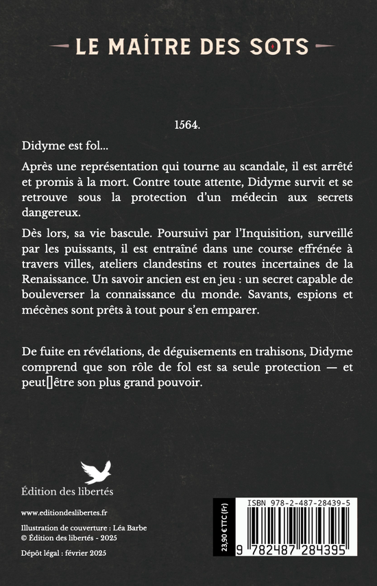4e de couverture broché – Le maître des sots – Gérard Demarcq-Morin – Édition des libertés