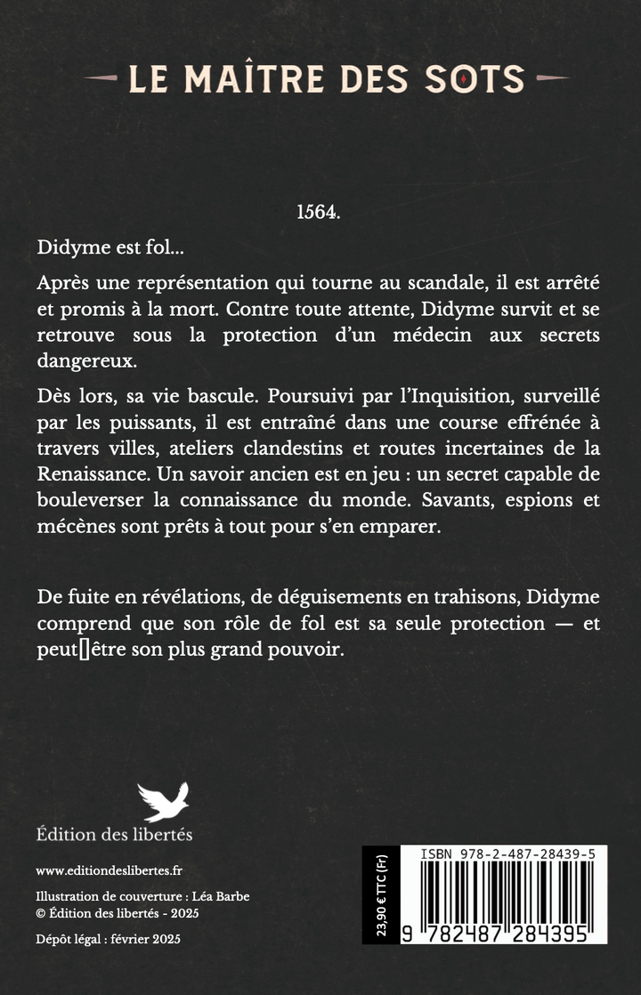 4e de couverture broché – Le maître des sots – Gérard Demarcq-Morin – Édition des libertés