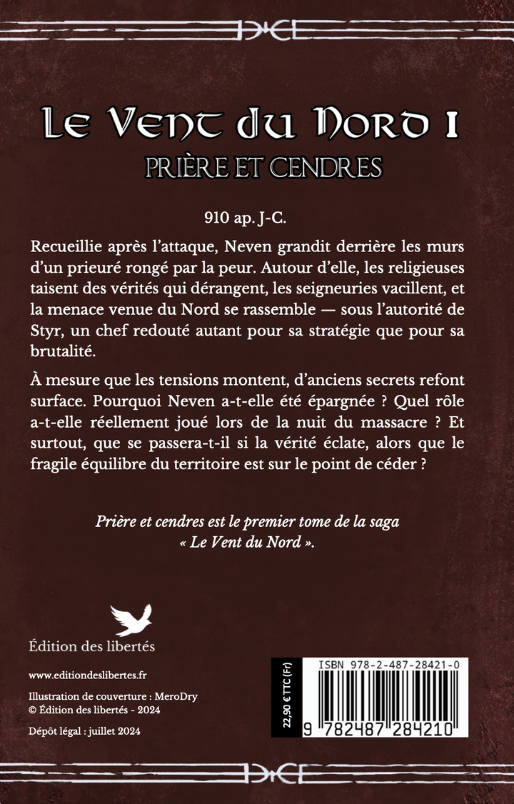 4e de couverture broché – Le vent du nord 1 Prière et cendres – Laurianna Ferra – Édition des libertés