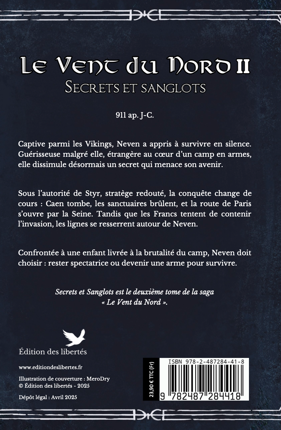 4e de couverture broché – Le vent du nord 2 Secrets et sanglots – Laurianna Ferra – Édition des libertés