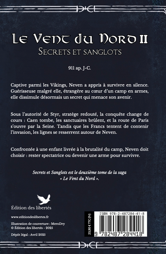 4e de couverture broché – Le vent du nord 2 Secrets et sanglots – Laurianna Ferra – Édition des libertés