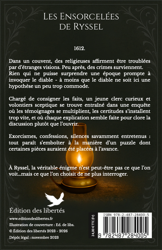 4e de couverture broché – Les ensorcelées de Ryssel – Gérard Demarcq-Morin – Édition des libertés