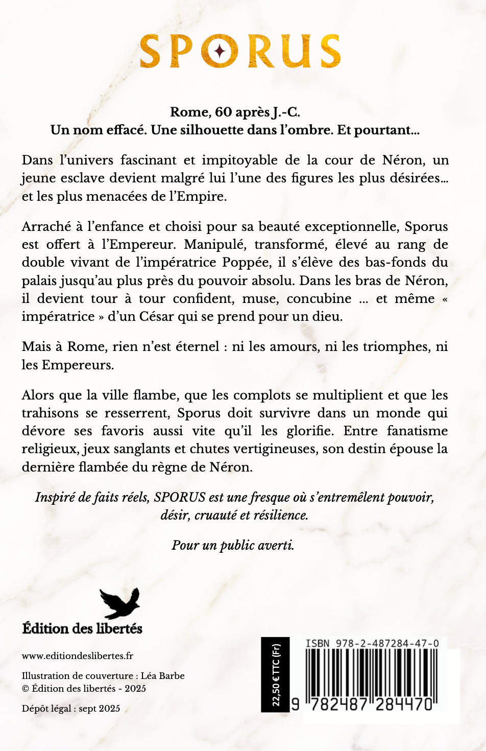 4e de couverture broché – Sporus – Éric Mangin – Édition des libertés