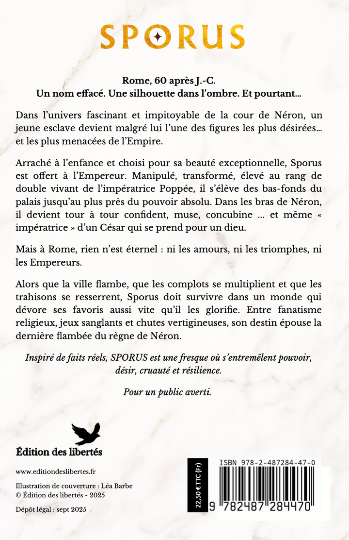 4e de couverture broché – Sporus – Éric Mangin – Édition des libertés