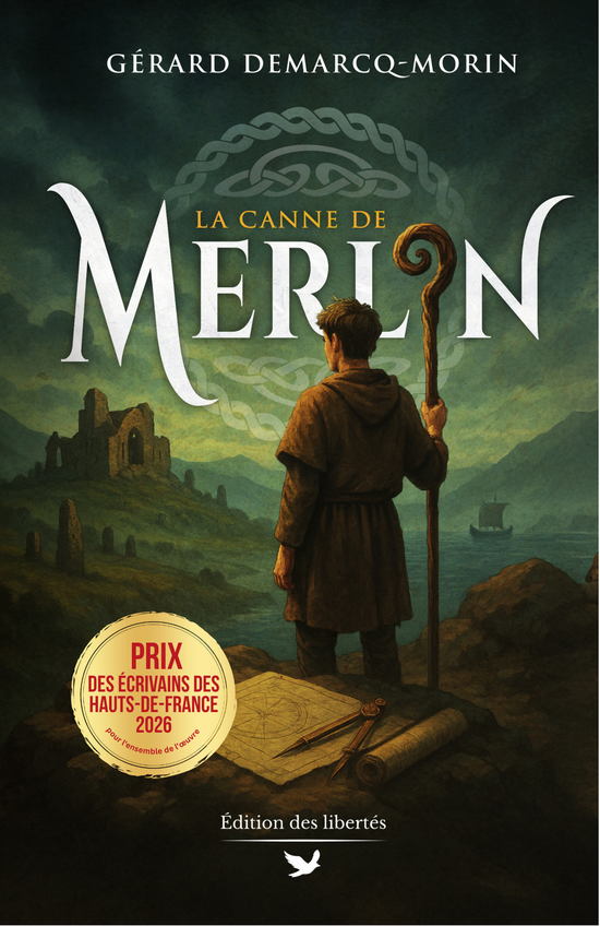Couverture broché – La Canne de Merlin – Gérard Demarcq-Morin – Édition des libertés - Prix des écrivains des hauts de France