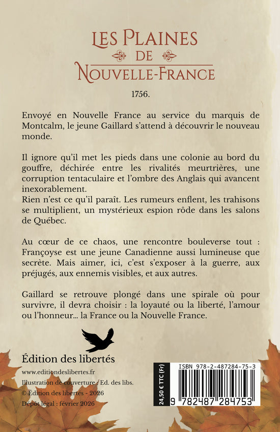 4e de couverture broché – Les plaines de Nouvelle-France – François Guilbault – Édition des libertés